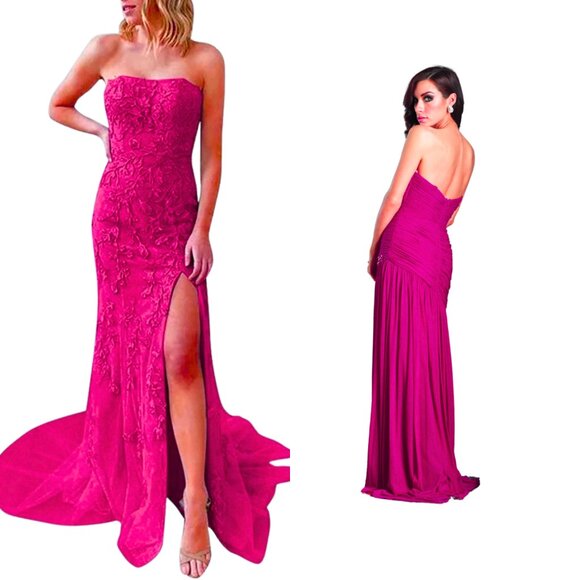 Paris by Mori Lee Strapless Fuchsia Pink Gown Floral Embroidery & Gems SZ 8 NEW